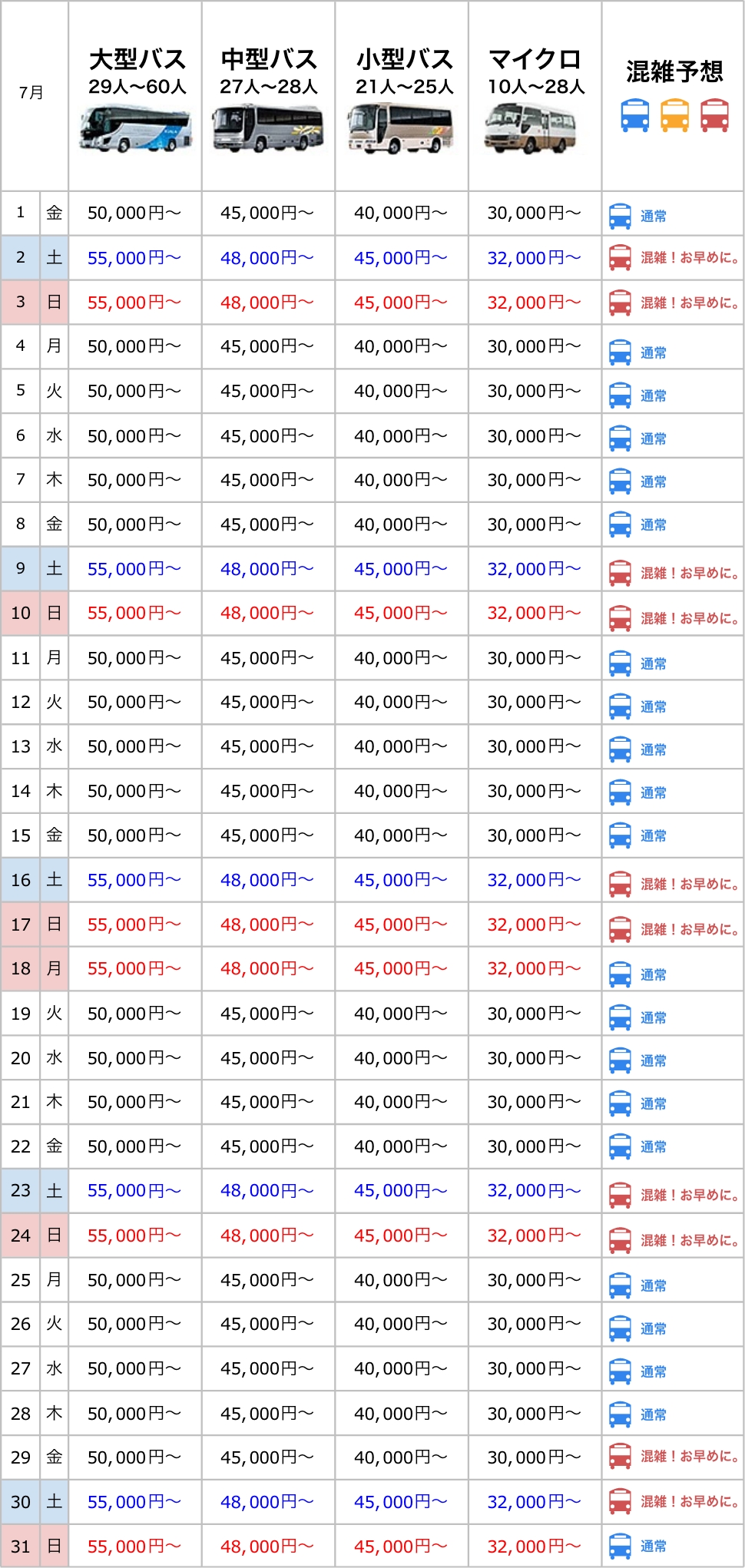 参考料金 混雑予想カレンダー 貸切バスのバスコンシェルジュ