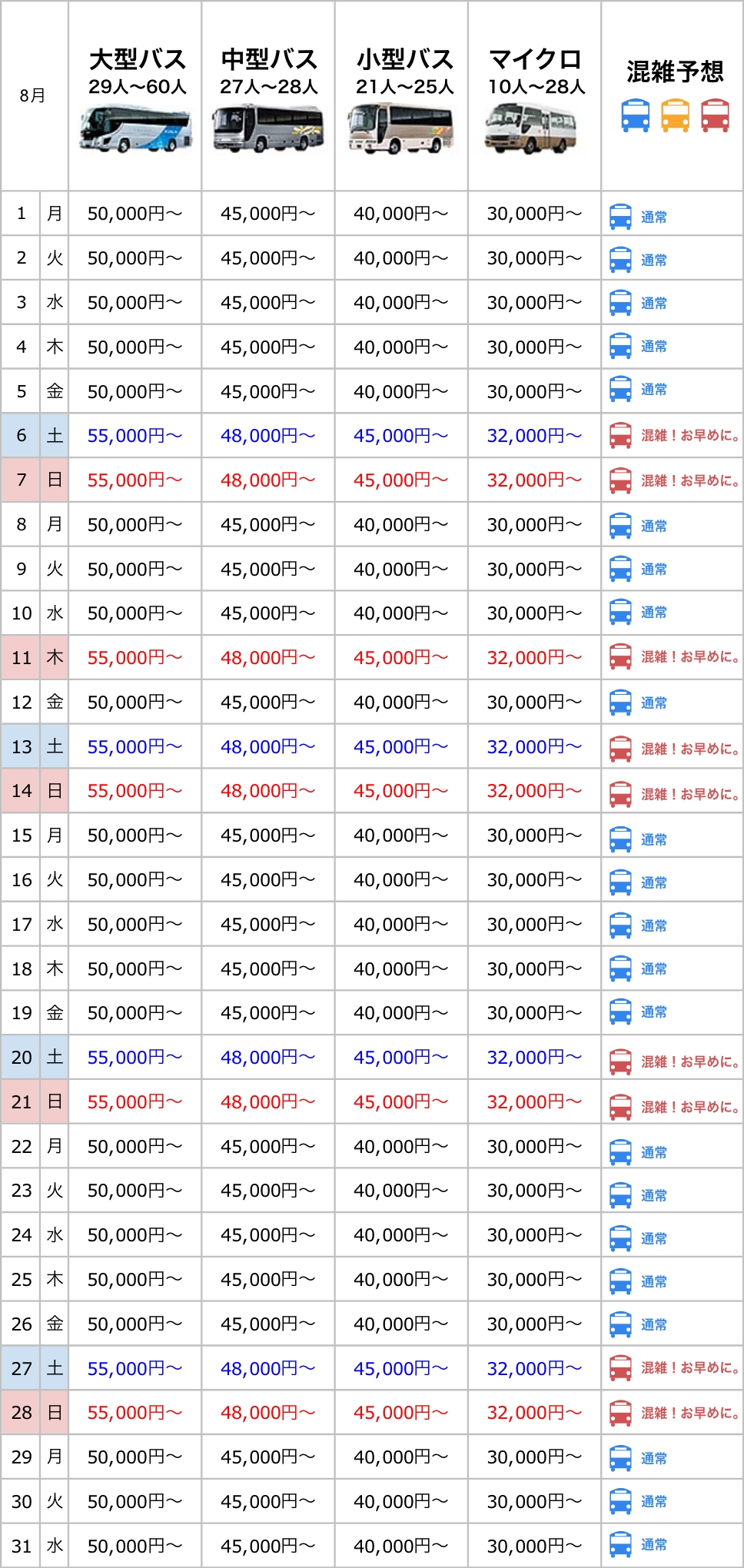 参考料金 混雑予想カレンダー 貸切バスのバスコンシェルジュ