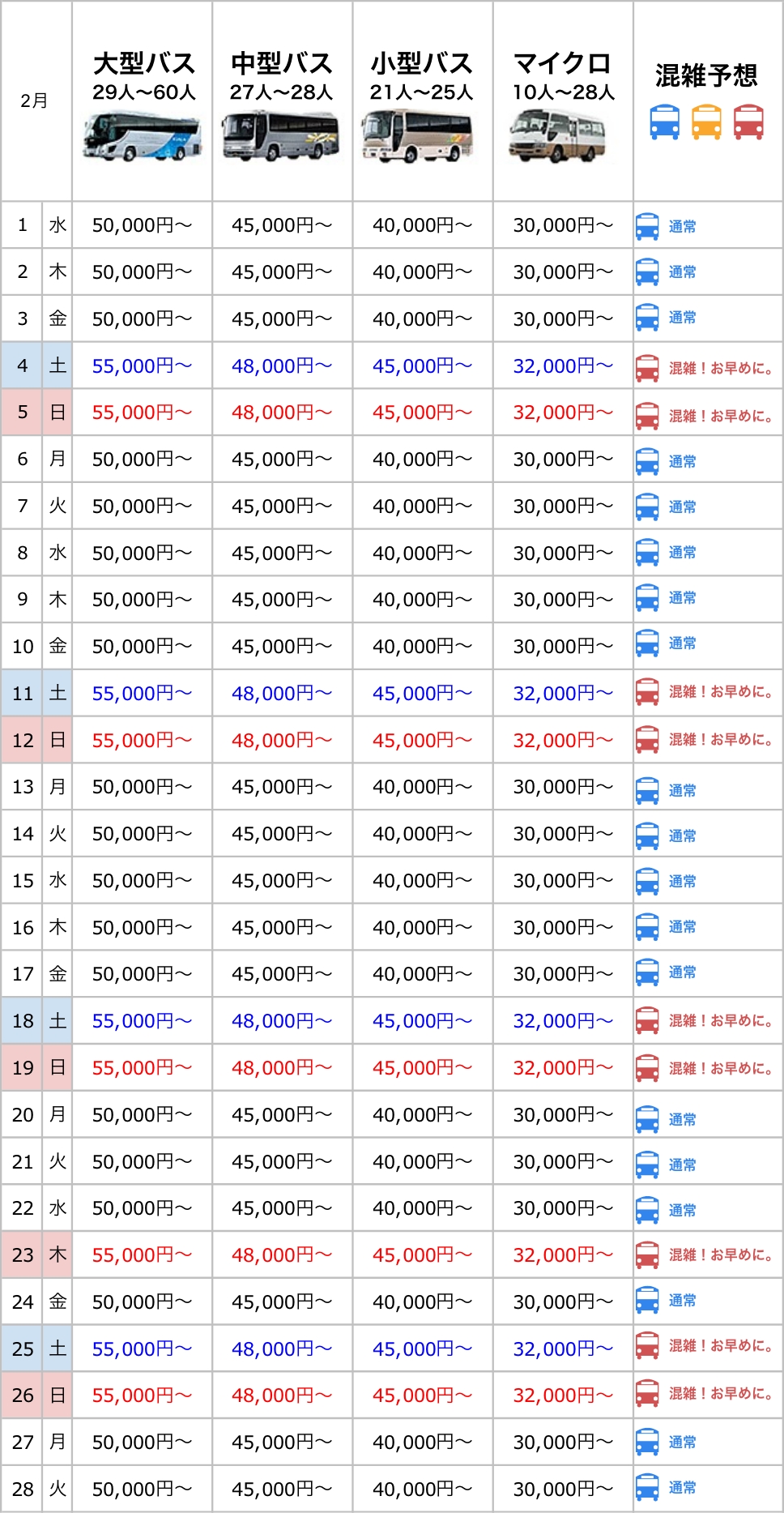 参考料金 混雑予想カレンダー 貸切バスのバスコンシェルジュ